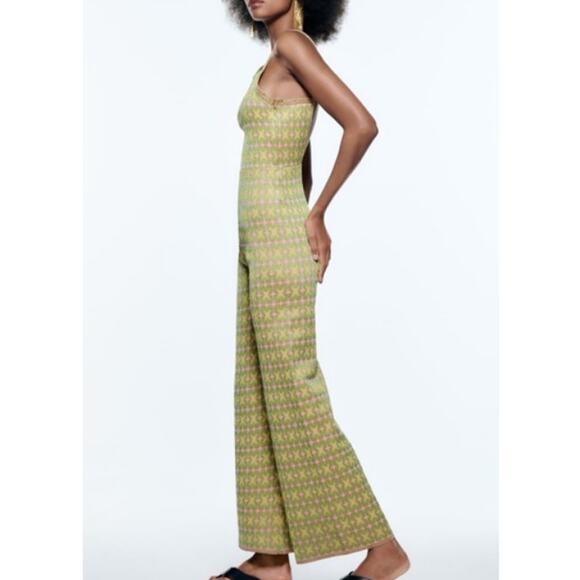 New ZARA Women's Multicolored Jacquard Knit Wide Leg Jumpsuit Romper Size S - Picture 3 of 7